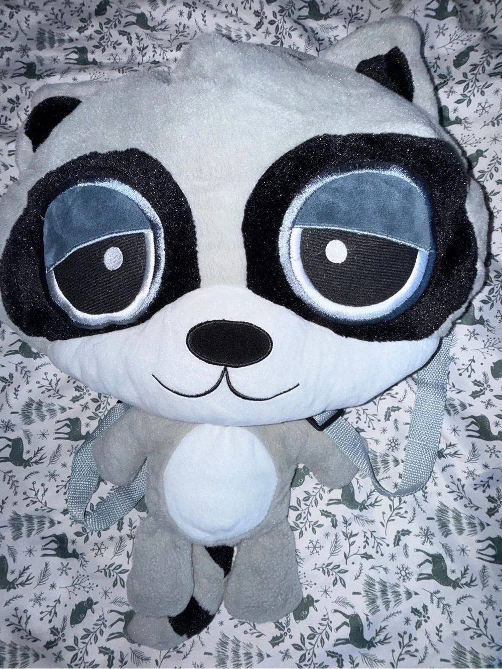 Gray and White Raccoon Plush Backpack